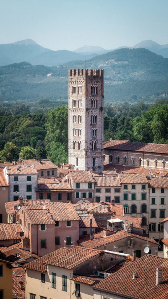 Vue aérienne de Lucca avec les toits en tuiles, une tour et la campagne toscane au fond, été 2015.